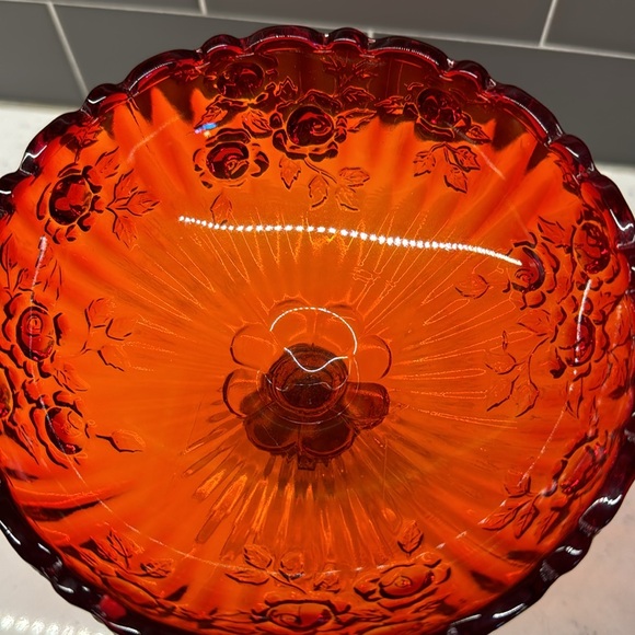 Vintage Fenton Amberina Cabbage Rose Pedestal Compote Candy Dish GLOWS - Picture 2 of 10